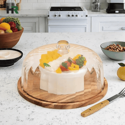 Rotating Cup Cake Display Plate | Acrylic Dome Cover with Bamboo Base | Cake Stand with Lid