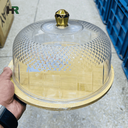 Rotating Cup Cake Display Plate | Acrylic Dome Cover with Bamboo Base | Cake Stand with Lid