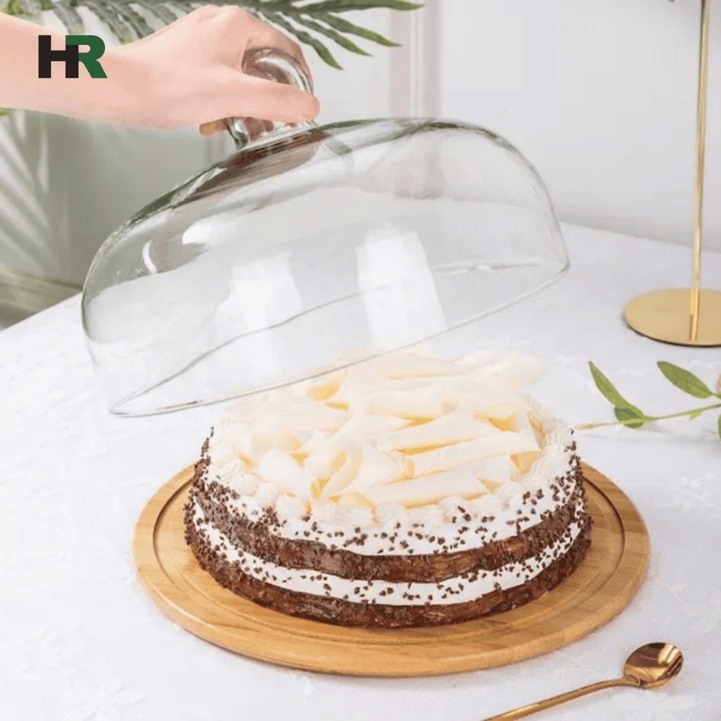 Rotating Cup Cake Display Plate | Acrylic Dome Cover with Bamboo Base | Cake Stand with Lid