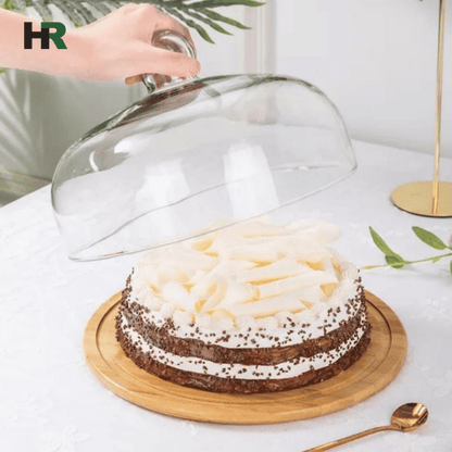 Rotating Cup Cake Display Plate | Acrylic Dome Cover with Bamboo Base | Cake Stand with Lid