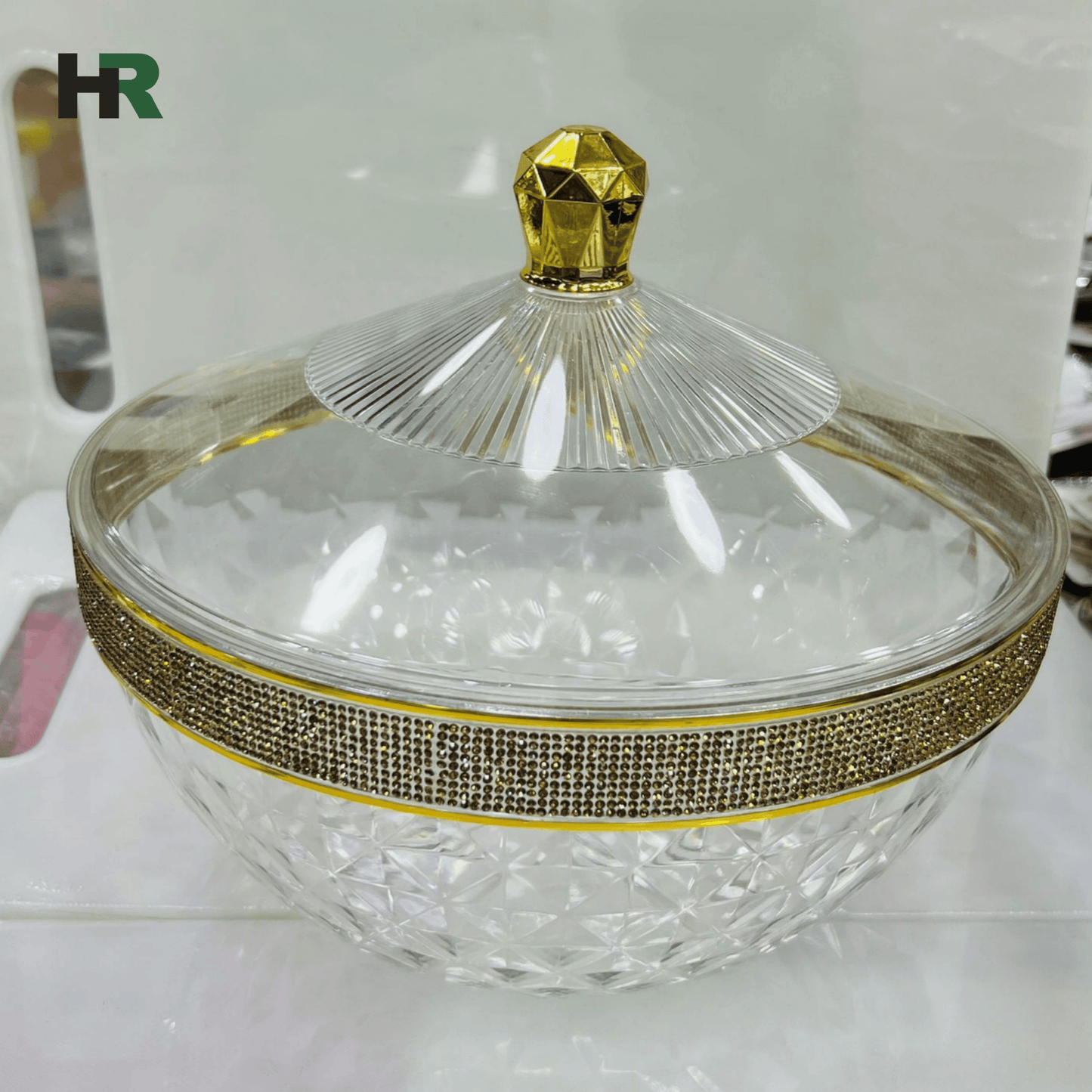 Acrylic Fruit Bowl with Lid & Golden Touch | 3 Litre Capacity