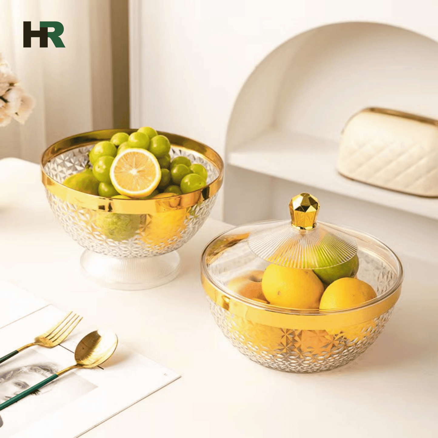 Acrylic Fruit Bowl with Lid & Golden Touch | 3 Litre Capacity