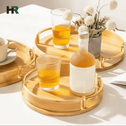 Elegant Round Wooden Tray | Handmade with Handles | Large Capacity