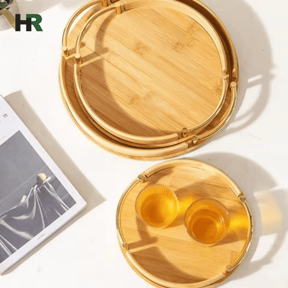 Elegant Round Wooden Tray | Handmade with Handles | Large Capacity
