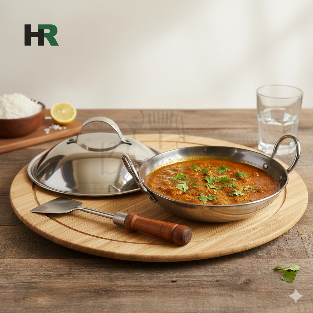 4pc Karahi set (Karahi with SS cover, Khurpi, And a Wooden Serving Plate)