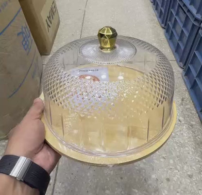 Rotating Cup Cake Display Plate | Acrylic Dome Cover with Bamboo Base | Cake Stand with Lid